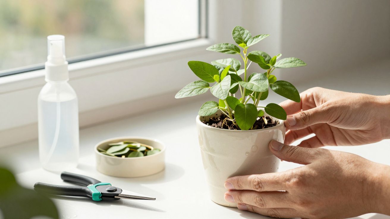 Manos cuidando planta en maceta junto a tijeras y pulverizador sobre mesa blanca.