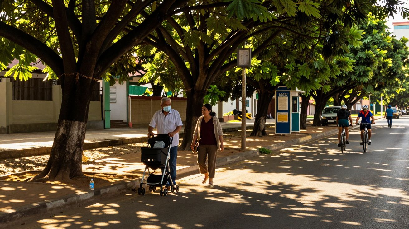 Personas paseando bajo árboles con luces y sombras; dos ciclistas al fondo en una calle tranquila.