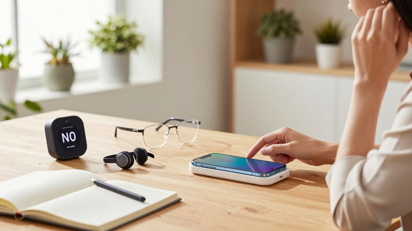Mujer tocando un smartphone en una mesa de trabajo con cuaderno, reloj digital, gafas y auriculares, plantas al fondo.
