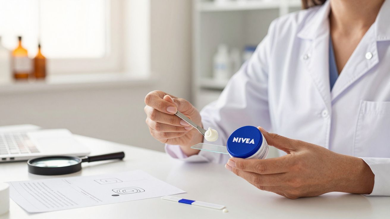 Persona en bata de laboratorio sosteniendo crema Nivea con espátula en una mesa con lupa y papeles.