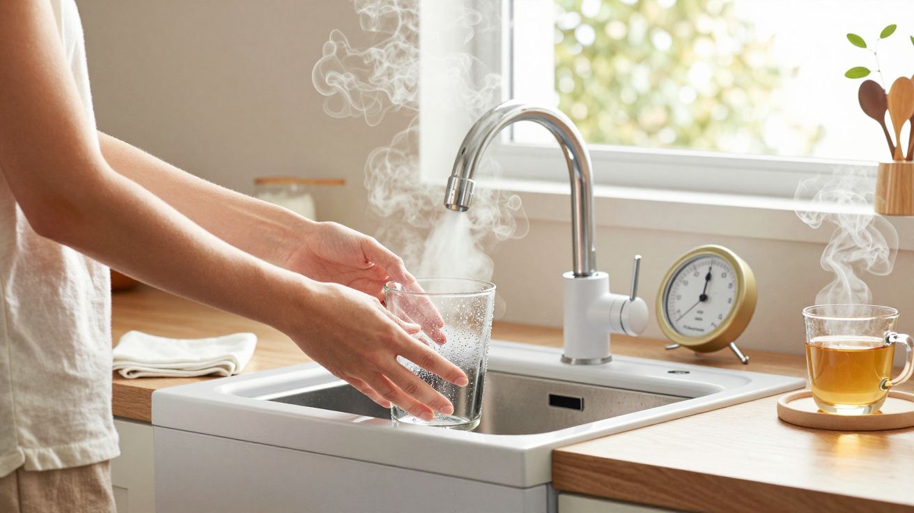 Manos llenando un vaso con agua caliente de un grifo en una cocina, con vapor visible y una taza cerca.
