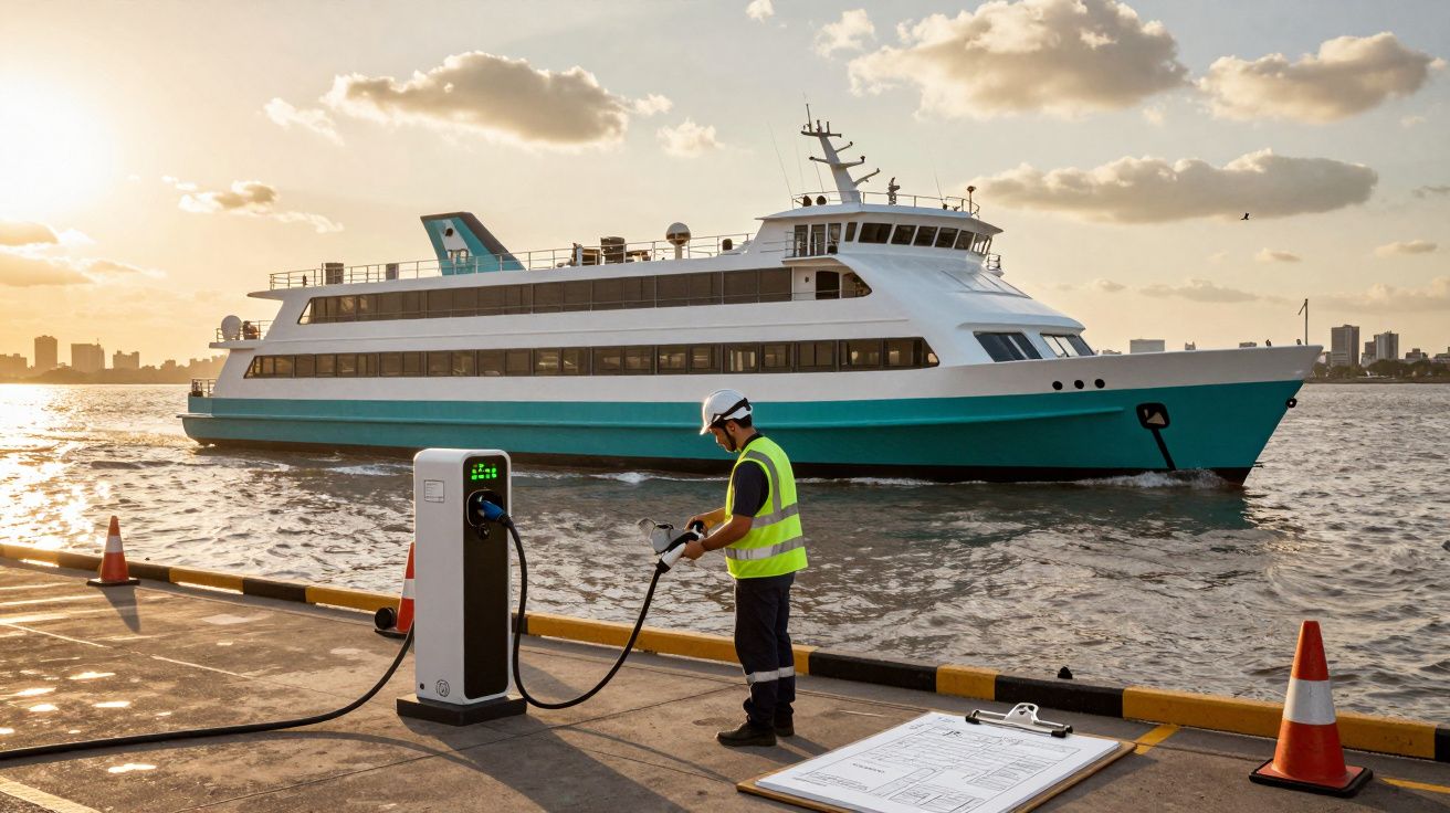 Trabajador carga un ferry eléctrico en el puerto al atardecer, con la ciudad al fondo y nubes en el cielo.