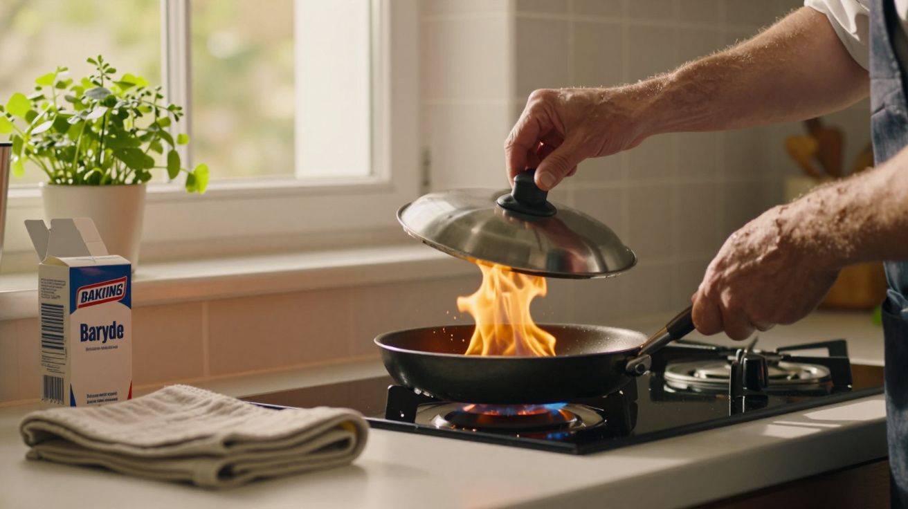 Hombre tapando sartén con llamas en cocina, caja de bicarbonato al fondo.