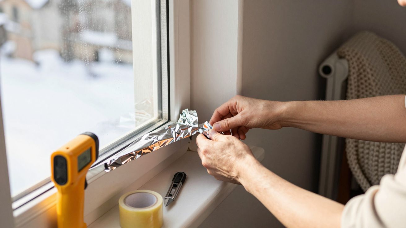 Persona colocando cinta aislante en la ventana con herramientas cercanas.