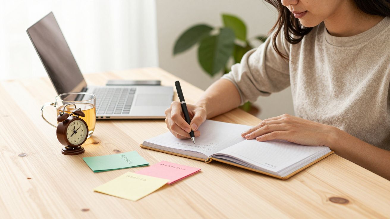 Mujer escribiendo en un cuaderno sobre escritorio, junto a portátil, café y reloj despertador. Notas de colores al lado.