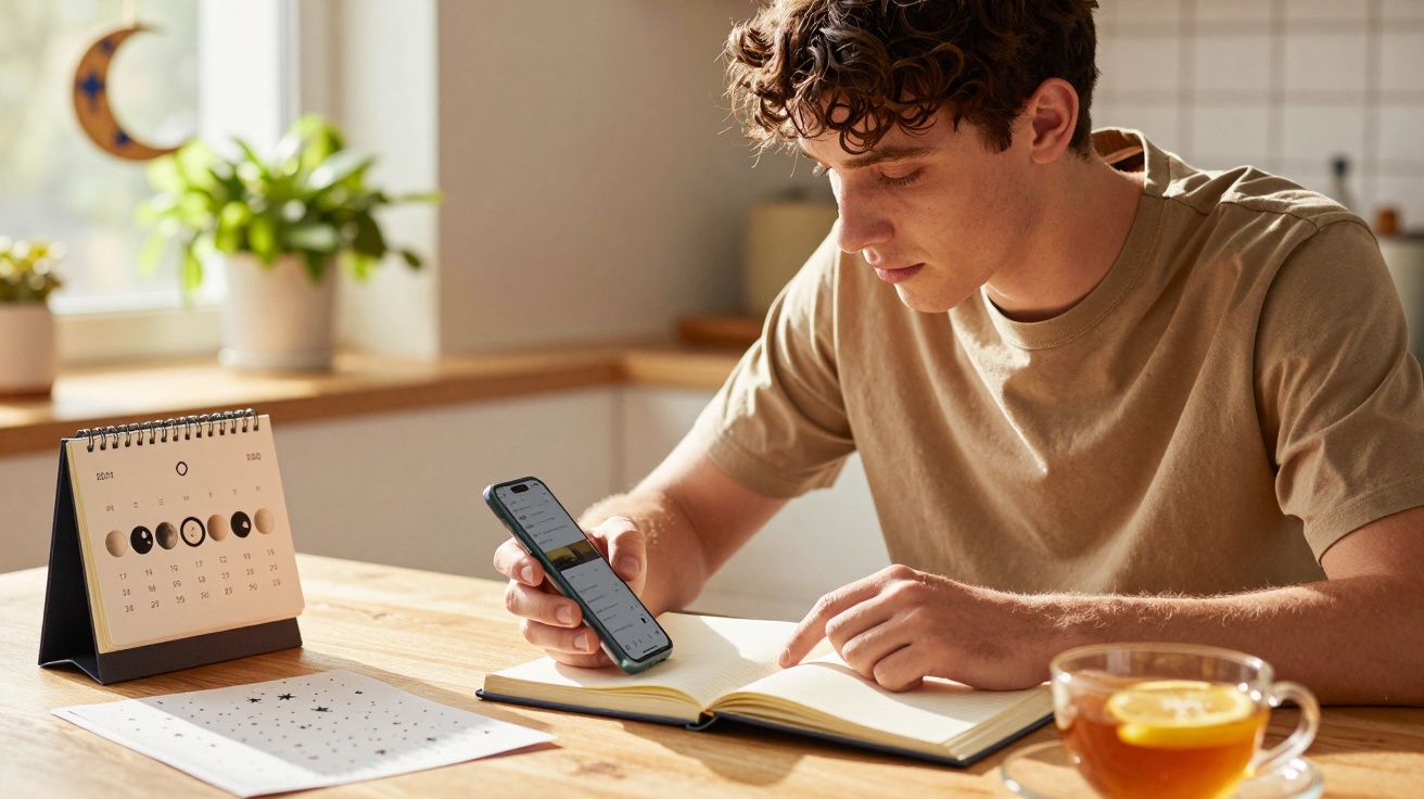Hombre joven sentado revisando su teléfono móvil con un calendario lunar y una taza de té en la mesa.