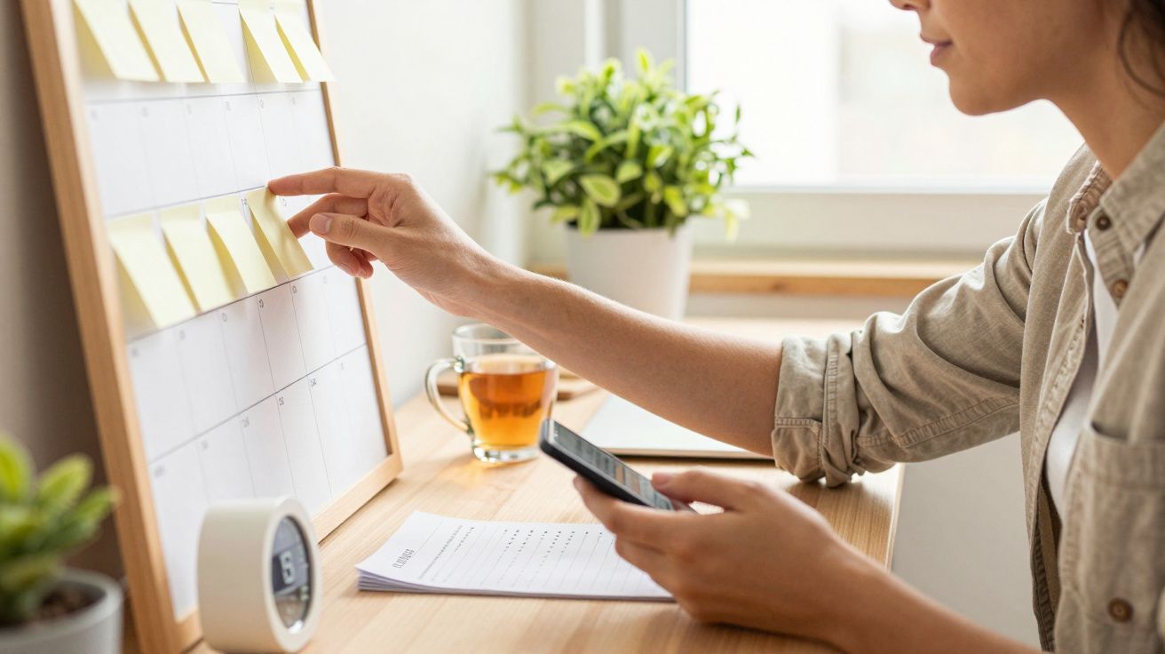 Persona marca fechas en un calendario con notas adhesivas, sosteniendo un teléfono. Mesa con taza de té y plantas.