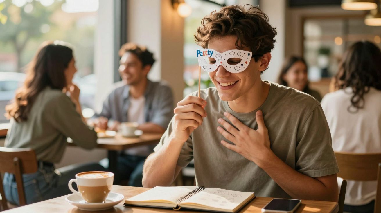 Joven sonriente en cafetería, gafas de fiesta, escribiendo en cuaderno, taza de café en mesa, ambiente alegre.