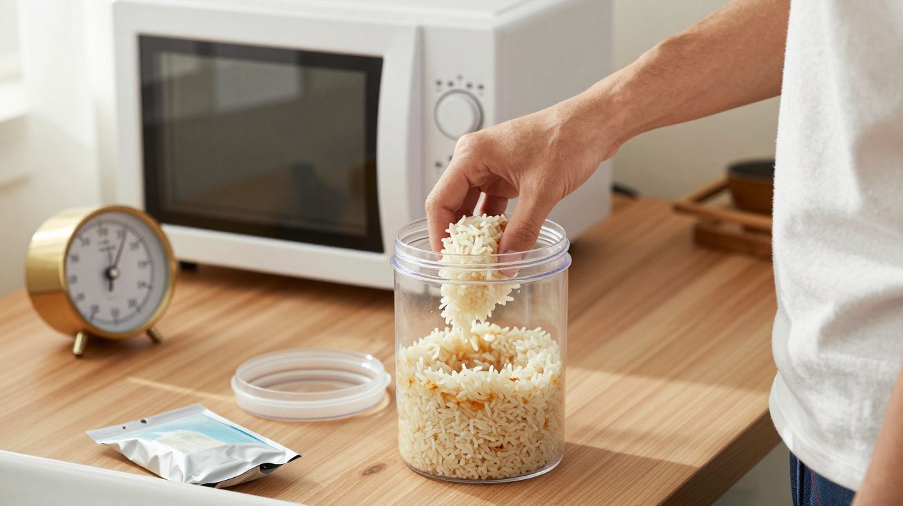 Persona sacando arroz de un recipiente transparente en una cocina, con microondas y reloj al fondo.