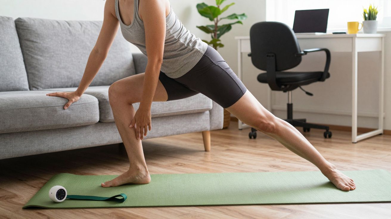 Mujer haciendo estiramientos en una esterilla verde en el salón, junto a un sofá, mesa de trabajo y planta decorativa.