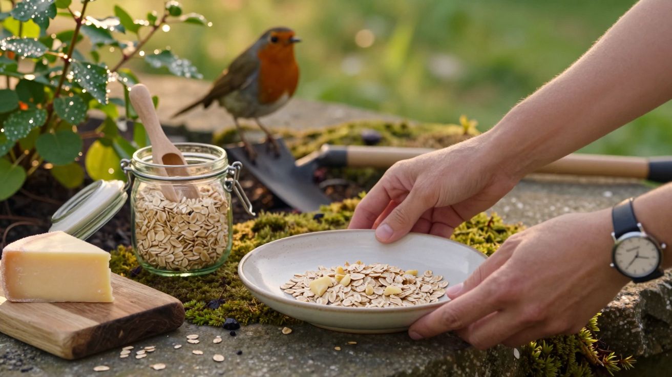 Manos colocando un plato con copos de avena junto a un petirrojo en un jardín. Un tarro y queso en el fondo.