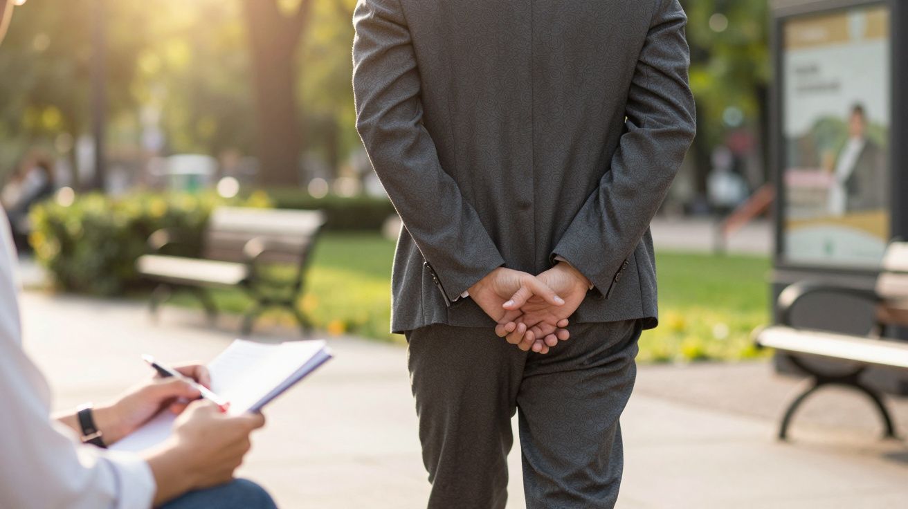 Hombre de espaldas vestido con traje gris, manos cruzadas, en un parque urbano. Otra persona toma notas en un cuaderno.