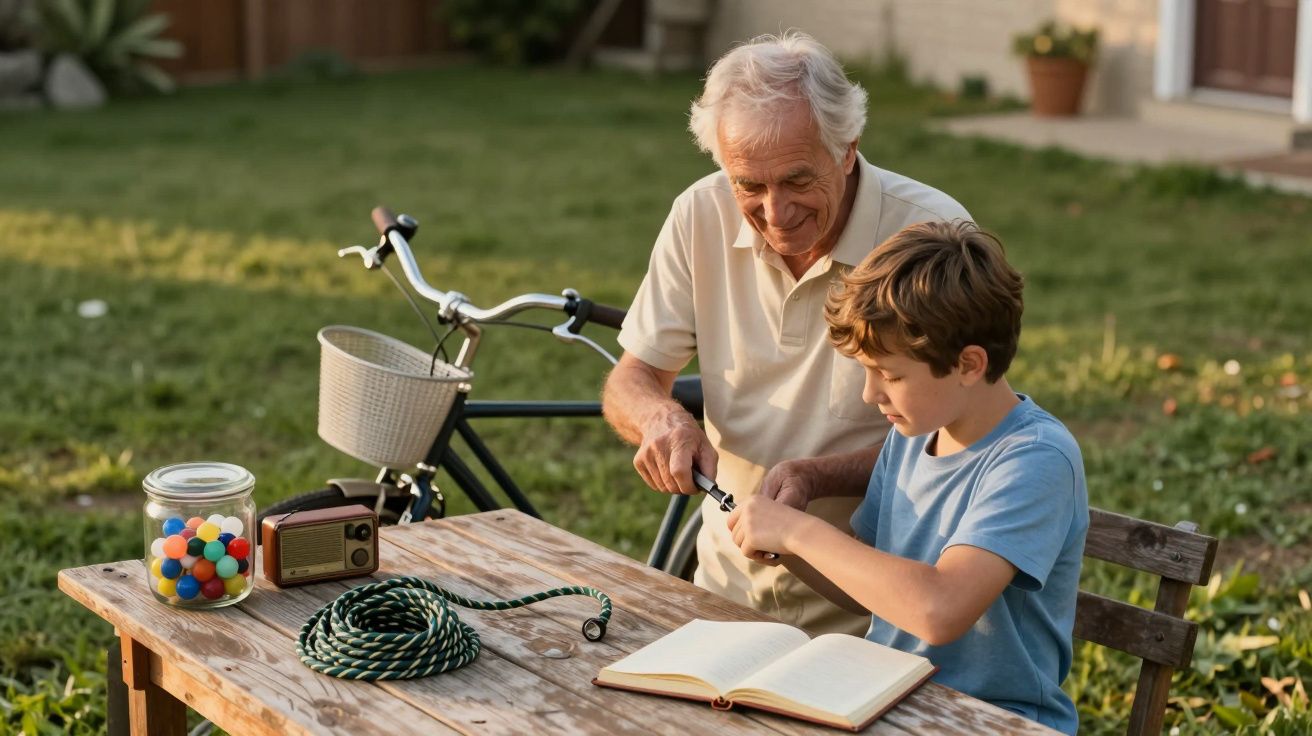 Anciano y niño ensamblan algo en el jardín cerca de una bicicleta, con un libro, radio y tarro de bolas sobre la mesa.