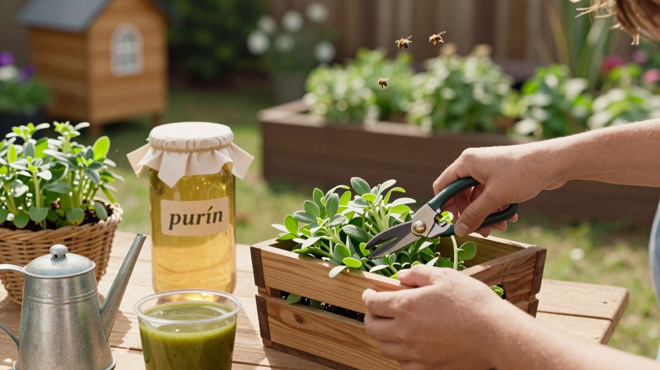 Manos podando plantas en una caja de madera en un jardín, junto a un tarro de purín y una jarra metálica.
