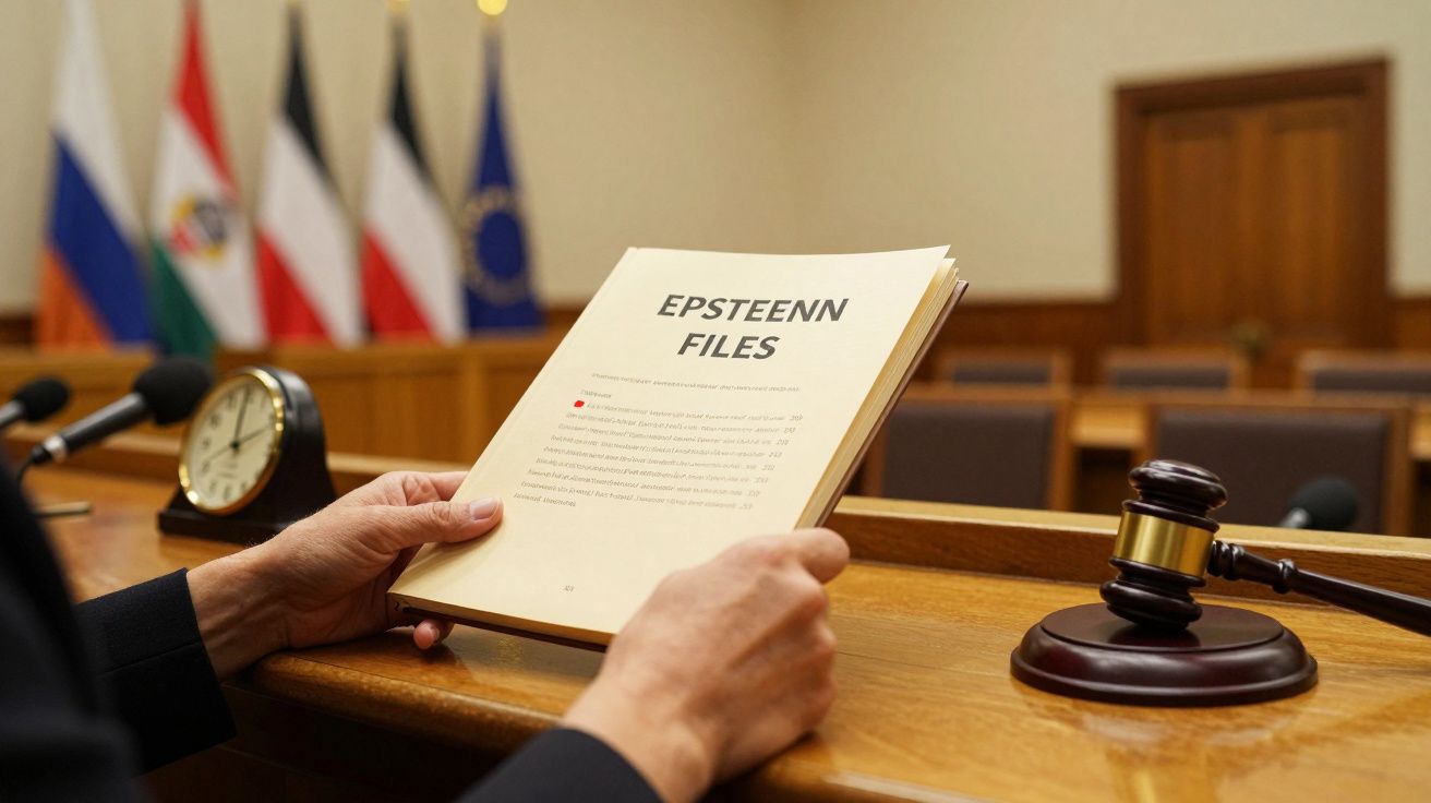 Manos sosteniendo un documento titulado "Epsteenn Files" en una sala de tribunal con banderas de fondo.