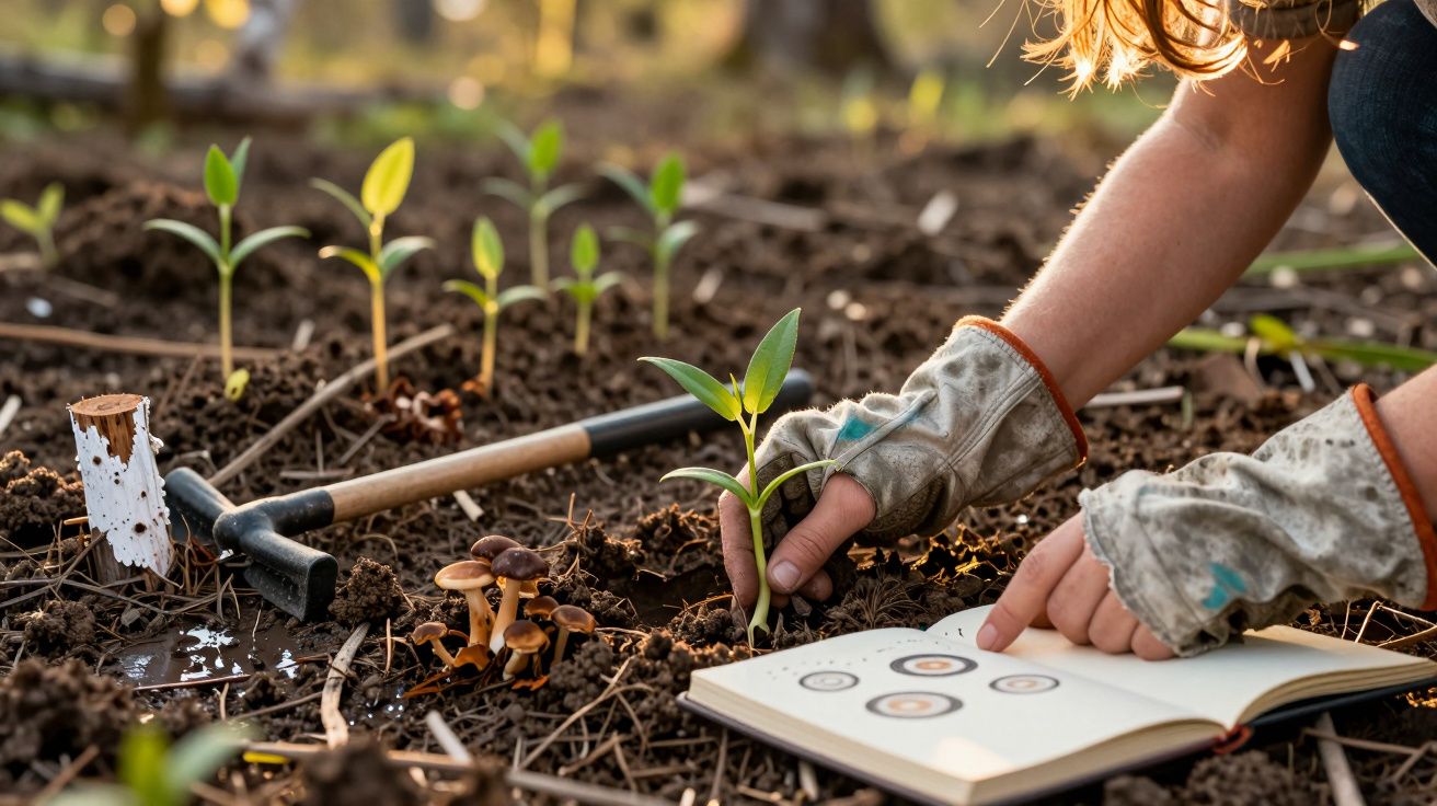 Manos con guantes plantan brotes en la tierra mientras consultan un libro. Herramientas de jardinería cercanas.