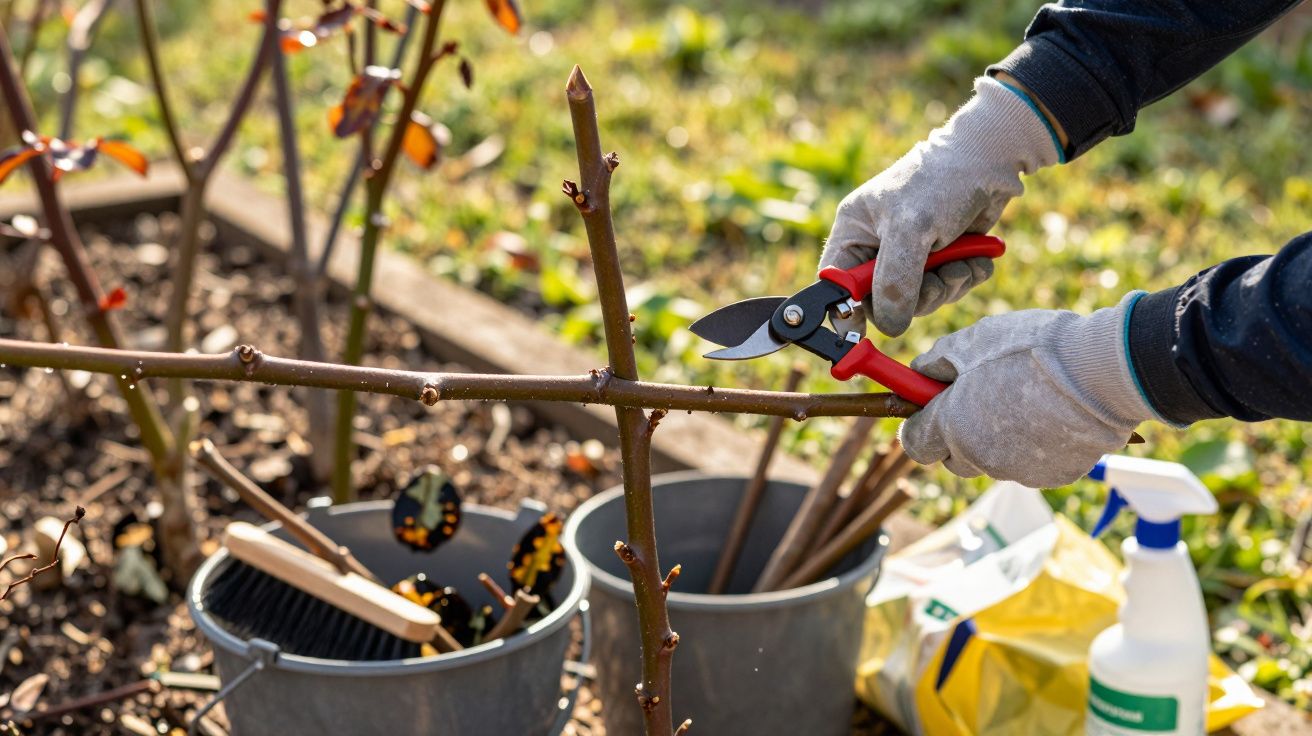 Persona podando una rama con tijeras en un jardín, rodeada de cubos y herramientas de jardinería.