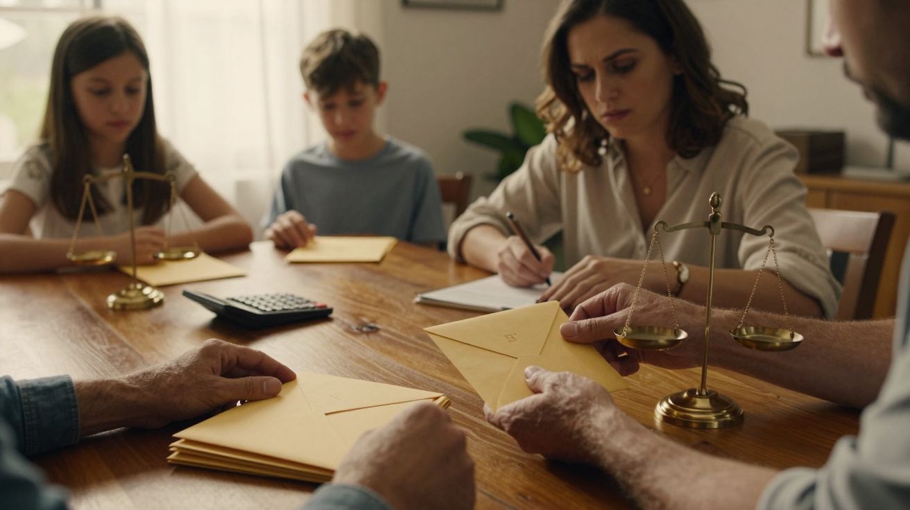 Familia revisando sobres en la mesa con balanza dorada y calculadora. Niños observan, adultos toman notas.