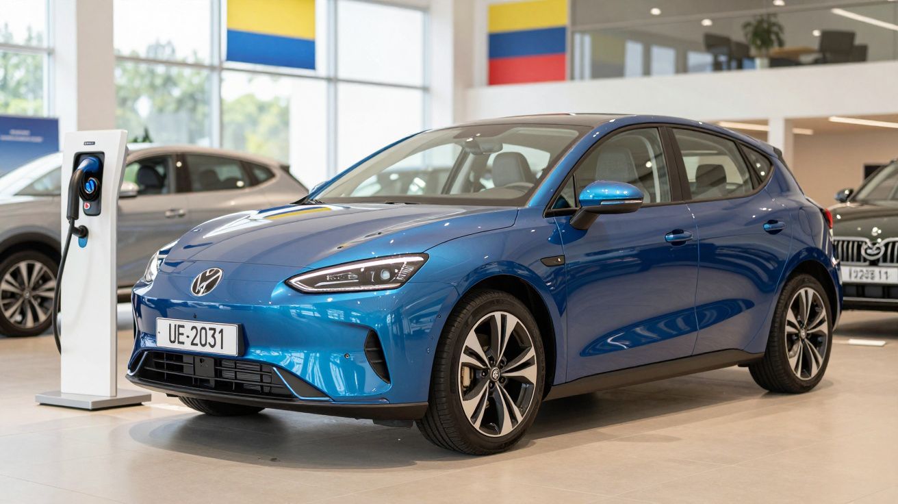 Coche eléctrico azul en un concesionario, al lado de una estación de carga eléctrica.