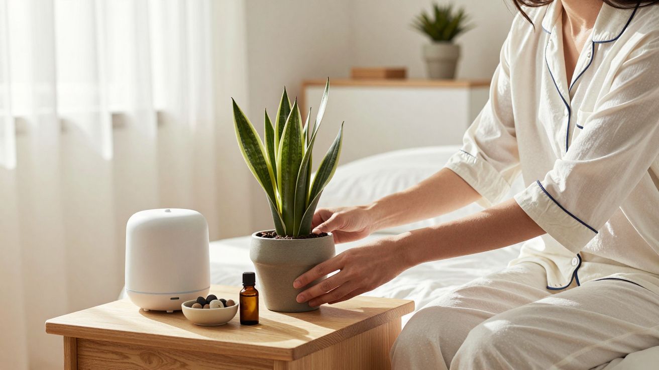 Persona en pijama coloca una planta sobre la mesita de noche con difusor y frascos, en habitación iluminada por luz natural.